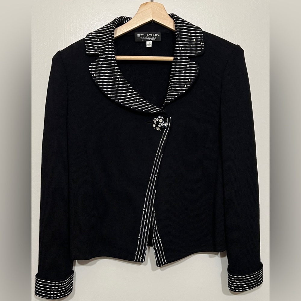 St. John Evening by Marie Gray Black Santana Knit Rhinestone Trim Jacket Blazer